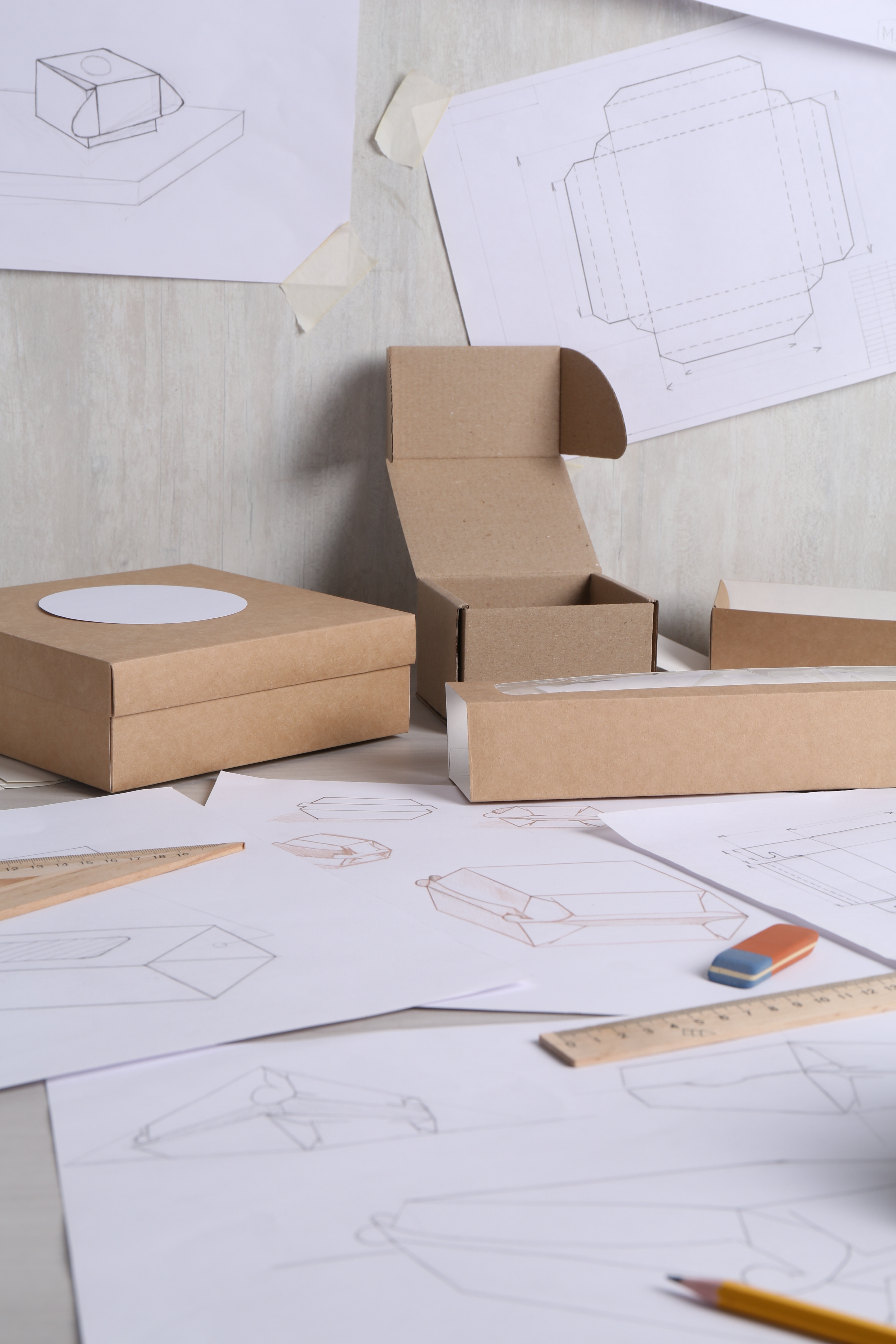 Cubical desk with box folding instructions, with boxes next to the cubical wall