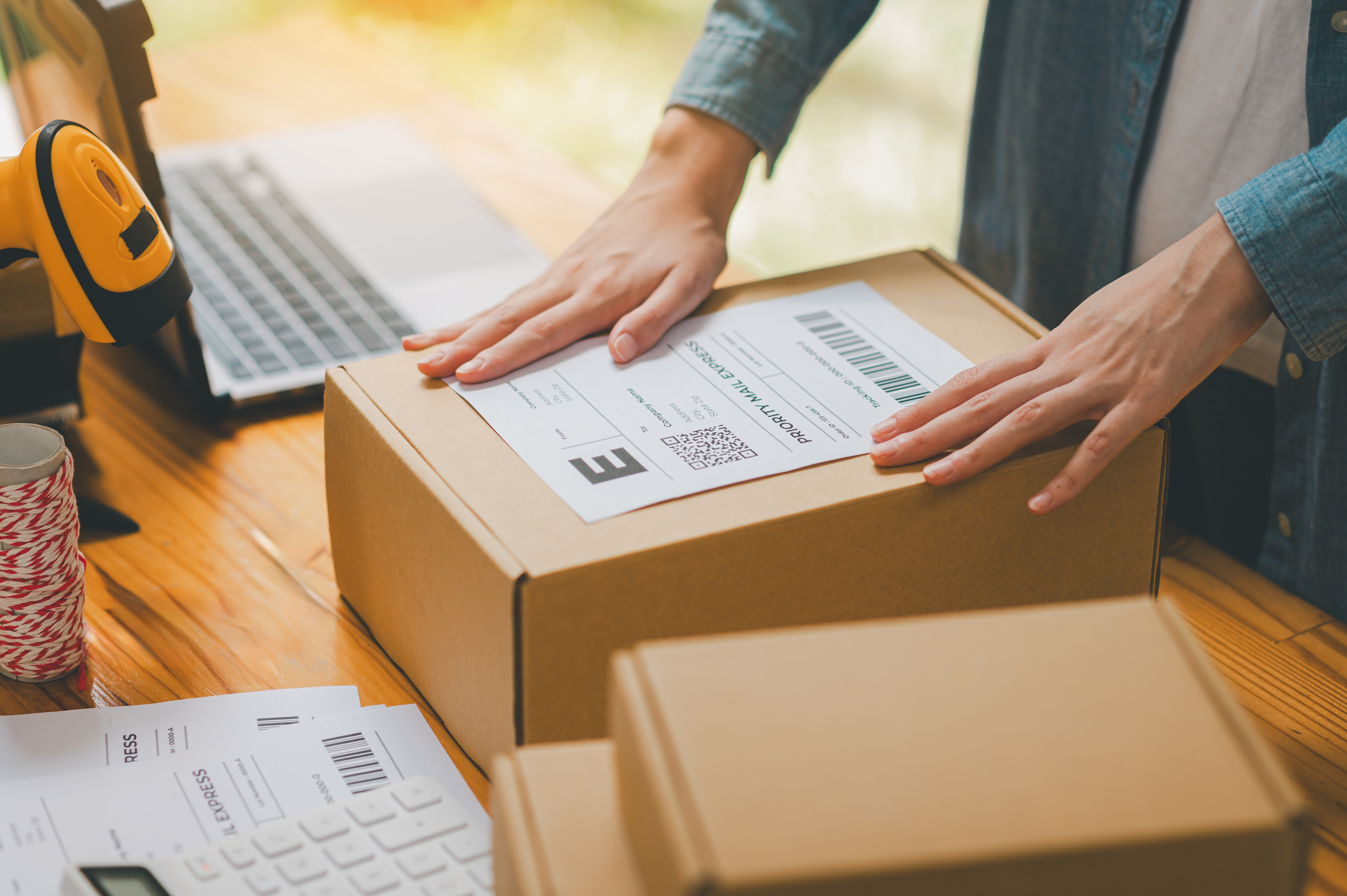 putting a shipping label on a small box